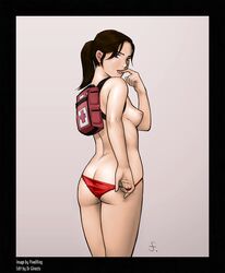 ass backpack bag black_hair blue_eyes breasts dr_ginezis female finger_to_mouth first_aid_kit human left_4_dead looking_back naughty_face nude panties panty_pull pixelking ponytail sideboob smile solo standing tied_hair zoey_(left_4_dead)