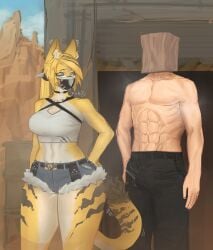 anthro anthro_female background big_thighs bulge bulge_through_clothing clothed clothing feline female fur_markings human_male human_on_anthro male pulchra_(zenless_zone_zero) pulchra_fellini shirtless wide_hips wishiastar zenless_zone_zero