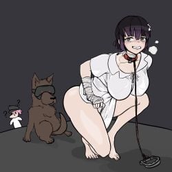 1girls ass barefoot big_breasts black_hair breasts canine collar crouching dress dress_lift dubious_consent female feral feral_on_female girls'_frontline gritted_teeth hanging_breasts heart-shaped_pupils heavy_breathing imminent_bestiality imminent_sex large_breasts leash leash_and_collar machlian_(girls'_frontline) neetman_basic nipples nipples_visible_through_clothing tearing_up tears yellow_eyes zoophilia