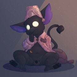 1:1 2026 3_toes absurd_res anthro avian balls battler beak black_body black_fur bottomless bottomless_male claws clothed clothing deadlock empty_eyes english_description feet finger_in_mouth finger_suck flaccid fur genitals gryphon hat headgear headwear hi_res male male_anthro mythological_avian mythological_creature mythology navel nightcap pajamas pawpads penis pillow rem_(deadlock) sitting solo spread_legs spreading sucking tail toes valve