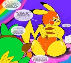 ass ass_focus big_ass black_shoes blanket bulge calvin_(tepigfan101) casey_(tepigfan101) chubby chubby_male compliment confused confused_look ears_back english_text generation_1_pokemon generation_8_pokemon grookey hand_on_hip huge_ass insecure kerchief mask nintendo orange_panties panties paper pikachu pikachu_libre pokemon pokemon_(species) pokemon_mystery_dungeon pokemon_mystery_dungeon_through_thicc_and_thin_(comic) pride_flag question reassuring spike_chunsoft tail tepigfan101 text text_bubble thumbs_up