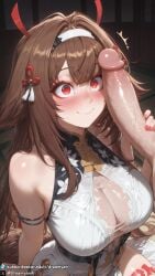 1girls ai_generated bare_legs bare_shoulders bare_thighs big_breasts big_penis blush breasts brown_hair closed_mouth clothed clothed_female curvy curvy_body curvy_female dreamyan_ai embarrassed flustered fox_ears fox_girl fox_tail hi_res high_quality high_resolution highres large_breasts long_hair penis_on_face red_eyes surprised tail thick_ass thick_thighs thighs uncensored ye_shunguang zenless_zone_zero