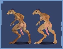 2025 3_fingers 3_toes absurd_res alien alorix anthro ass beak bodily_fluids breasts chin_spikes claws colored digitigrade eyelashes facial_spikes feet female finger_claws fingers fist flat_colors genital_fluids genitals green_eyes gynomorph halo_(series) hanging_penis hi_res humanoid intersex kig-yar looking_at_viewer looking_back microsoft nipples non-mammal_breasts penis precum pupils quill_hair quills_(anatomy) rear_view ruuhtian scales scalie scutes shaded simple_background slit_pupils solo spikes spikes_(anatomy) standing tan_body tan_scales tan_skin teeth toe_claws toes toothed_beak unusual_anatomy unusual_genitalia unusual_penis xbox_game_studios yellow_eyes