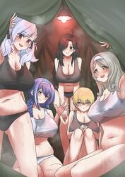 5girls armpits big_breasts black_hair blonde_hair blue_eyes blue_hair blush breasts chubby chubby_female cleavage covered_nipples dp-12_(girls'_frontline) female female_only general_liu_(girls_frontline) girls'_frontline grey_eyes grey_hair headband k3_(girls_frontline) large_breasts long_hair looking_at_viewer mojamozanari multiple_girls navel nipples open_mouth panties red_eyes short_hair sitting smile spas-12_(girls'_frontline) sports_bra sportswear steam steaming_body sweat sweat_stain sweatdrop sweaty sweaty_body tent vsk-94_(girls'_frontline) waving