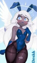 1girls ai_generated angel angel_girl angel_wings bare_shoulders blue_outfit blush bunny_ears bunny_girl bunnysuit dark-skinned_female dark_skin deskk embarrassed emily_(hazbin_hotel) eyeshadow feathered_wings female gloves halo hand_up hazbin_hotel hi_res high_resolution long_hair medium_breasts navel pretty solo tan tanlines teenager torn_legwear white_hair white_wings wings