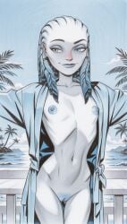 ai_generated alien alien_girl alien_humanoid blue_hair cozy grey_eyes grey_skin gwyndala half-dressed open_jacket satisfied showing_off small_breasts star_trek star_trek_prodigy vau_n'akat_(species) young_female