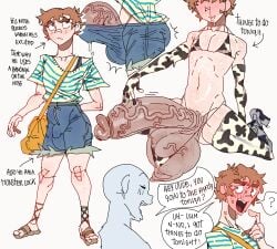 bandage breadcatta cow_print_bikini cute_face femboy hyper_balls hyper_genitalia hyper_penis nosebleed obscene_gesture obscured_genitals short_hair solo tagme twink