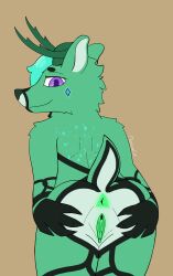 andromorph anthro antlers anus ass blue_hair deer fur genitals glowing glowing_genitalia green_body green_fur green_genitals hair hi_res horn inimi_(mini) intersex mammal mexican_cat presenting presenting_anus presenting_hindquarters purple_eyes scut_tail short_tail solo spread_anus spread_butt spreading standing tail