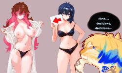 1boy 2girls alexis_ness blue_lock blueygreenyx genderswap_(mtf) isagi_yoichi kaiser_michael large_breasts medium_breasts michael_kaiser nude nude_female request rule_63 sketch text_bubble thick_thighs underwear