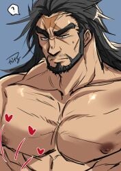 1boy ? absurdres bara beard black_hair blue_background collarbone cross_scar facial_hair full_beard heart highres jujutsu_kaisen large_pectorals long_hair male male_focus male_only mofnyan muscular muscular_male mustache_stubble nipples pectorals scar scar_on_face scar_on_forehead simple_background solo spoken_question_mark stubble zenin_jinichi