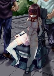 2boys areolae blindfold breasts brown_hair collar dildo female long_hair multiple_boys nipples outside phone public pussy pussy_juice restrained saliva see-through sitting tears thighhighs tongue tongue_out wheelchair yakou_(4507770)