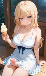 ai ai_generated big_breasts blonde_hair blue_eyes cute futanari ice_cream ice_cream_on_breasts original_character