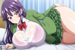 1female 1girls 2026 ai_generated artist_name bangs big_ass big_breasts blazer blush bow bowtie bra bra_visible_through_clothes breasts chizuru-chan_kaihatsu_nikki curvy female green_skirt hair_ornament hairclip hi_res high_quality high_resolution highres huge_ass huge_breasts jacket long_hair looking_at_viewer lying on_bed on_side patreon patreon_username pink_bra plaid plaid_skirt pleated_skirt purple_eyes purple_hair school_uniform see-through shiina_chizuru shirt skirt smile solo sweat thighs underwear unjobdespiert watermark wet wet_clothes