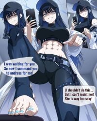 1girls ai_generated baseball_cap big_breasts black_hair black_headwear blue_archive blue_eyes comic comic_page domination_loss drunk english english_dialogue english_text feet feet_fetish female femdom foot_fetish footjob halo hat incest light-skinned_female light_skin long_hair muscular_female nail_polish nakadashi saori_(blue_archive) sister smartphone smile solo speech_bubble uncensored very_long_hair