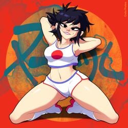 1girls asian asian_female black_hair black_pupil black_pupils boots ear_piercing eroticphobia female gorillaz hands_behind_head japanese japanese_female lipstick makeup midriff midriff_baring_shirt noodle_(gorillaz) noodle_(pac-man) on_knees short_shorts