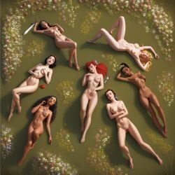 7girls ai_generated apple ariel_(the_little_mermaid) asian asian_female asleep aurora_(sleeping_beauty) bare_arms bare_breasts bare_chest bare_legs bare_midriff bare_shoulders bare_thighs barefoot beauty_and_the_beast_(1991_film) belle_(beauty_and_the_beast) bird's-eye_view breasts completely_naked completely_naked_female completely_nude completely_nude_female crossover crown dark-skinned_female dark_skin disney disney_princess feet female female_focus female_nudity female_only flower fork from_above grass hair hairbow hand_on_breast hand_on_chest hand_on_stomach high_angle legs light-skinned_female light_skin long_hair lying lying_on_back lying_on_ground moana moana_waialiki nature navel necklace nipples nude nude_female nudism nudist nudity outdoor_nudity outdoors outside petite_body princess pussy raya_(ratld) raya_and_the_last_dragon royalty sleeping sleeping_beauty_(1959_film) snow_white_(disney) snow_white_and_the_seven_dwarfs_(1937_film) sunlight sword the_little_mermaid_(1989_film) the_princess_and_the_frog thighs tiana tiara uzzlegorf