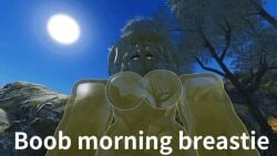 1girls 3d animated berz1337 boob_expansion boob_focus breasts english_text expansion female female_only gif green looking_at_viewer meme_caption outdoors outside roblox robloxian see-through_body self_upload slime slime_girl solo tagme text tree