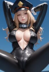 1girls ai_generated arms_behind_head belly_button big_breasts black_bodysuit black_clothing blonde-haired_female blonde_female blonde_hair blue_background bodysuit boku_no_hero_academia busty busty_female cameltoe clothed clothed_female clothes clothing collar curvaceous curvy curvy_body curvy_female curvy_figure eyelashes facing_viewer female female_focus female_human female_only front_view hands_behind_head human human_female large_breasts light-skinned_female light_skin long_hair looking_at_viewer military_hat my_hero_academia nai_diffusion navel no_bra novelai open_clothes pale-skinned_female pale_skin parted_lips patreon_url pujopg pursed_lips revealing_clothes seductive sidelocks simple_background solo solo_female solo_focus spread_legs teasing teasing_viewer thick_thighs thighs tight_clothing unzipped unzipped_bodysuit utsushimi_camie voluptuous voluptuous_female wavy_hair white-skinned_female white_body white_skin yellow_eyes