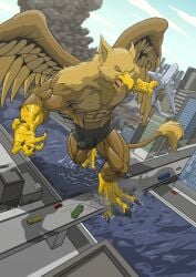 abs aircraft airplane anthro avian balls beak biceps biped boxer_briefs bridge briefs brown_body brown_fur building building_destruction bulge carpo city city_background city_destruction cityscape claws clothed clothing destruction detailed_bulge einom erection erection_under_briefs erection_under_clothing feathered_wings feathers feet finger_claws fingers fur genital_outline genitals gryphon hi_res house humanoid_genitalia humanoid_penis jet landscape_dwarfing macro macro_anthro macro_male male muscular muscular_anthro muscular_male mythological_avian mythological_creature mythology nude open_mouth outside pecs penis rampage sky solo tail toe_claws toes tongue topless underwear vehicle vehicle_destruction water wings