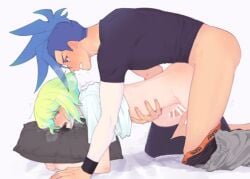 2boys anal anal_sex androgynous black_legwear bottomless cumming_from_anal_sex femboy femboy_penetrated galo_thymos gay gay_sex lio_fotia male petite petite_body petite_male promare size_difference slim slim_male slim_waist stockings thighhighs twink yaoi