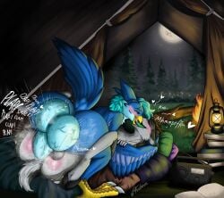 absurd_res anthro avian avius_volante balls beak big_balls big_penis bird blue_body blue_eyes blue_feathers book campfire camping cheek_markings deer dragon duo electronics facial_markings feathers feet forest from_front_position furbave genitals green_eyes green_tongue head_markings hi_res hooves huge_balls huge_cock hybrid hyper hyper_balls hyper_genitalia hyper_penis lamp lantern log male male/male mammal markings mating_press moon mythological_creature mythological_scalie mythology open_beak open_mouth passionate_kiss penis pillow plant plap radio rough_sex scalie sex tail tail_feathers talons text toes tongue tree turquoise_hair wings wood
