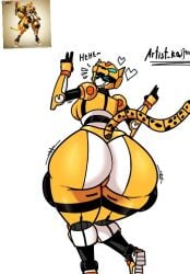 1girls artist_kaijin ass ass_focus big_ass double_peace_sign double_v female female_only heart laughing looking_at_viewer looking_back mecha mecha_focus mecha_girl metal_cardbot one_eye_closed peace_sign rear_view robot robot_girl shoes solo solo_female tachi_(metal_cardbot) tachy_(metal_cardbot) v v_sign wink