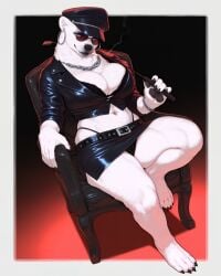 4_toes 5_fingers absurd_res ai_generated anthro barefoot belt big_breasts biped black_bottomwear black_bra black_claws black_clothing black_hat black_headwear black_jacket black_nose black_panties black_pawpads black_skirt black_thong black_topwear black_underwear blue_eyes border bottomwear bra bracelet breasts buckle chain_necklace chains chair cigar cigarette claws cleavage cleavage_overflow clothed clothed_anthro clothed_female clothing curvy_figure dominatrix dutch_angle ear_piercing ear_ring eyewear feet female female_anthro finger_claws fingers full-length_portrait fully_clothed fur furniture furry glasses glistening glistening_clothing gradient_background hat head_tilt headgear headwear hi_res highleg holding_object hoop_ear_ring huge_breasts humanoid_hands jacket jewelry leather leather_clothing leather_jacket leather_topwear lingerie looking_at_viewer mammal midriff miniskirt monotone_body monotone_breasts monotone_clothing monotone_fur navel navel_piercing necklace on_chair one_leg_up outside_border panties panty_peek pawpads paws piercing plantigrade polar_bear portrait raised_leg riding_crop ring ring_(jewelry) ring_piercing simple_background sitting sitting_on_chair skirt smile smoke smoking solo straps sunglasses thick_thighs thong toe_claws toes topwear tuft underwear ursid ursine whip white_body white_breasts white_fur wide_hips