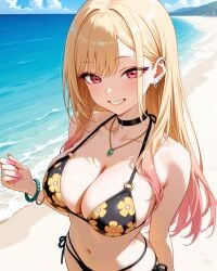 ai-generated ai_generated barefoot beach bikini black_bikini blonde_hair botbimbos bracelet choker cleavage daylight earrings female flower_bikini huge_breasts large_breasts long_hair navel necklace ocean original outdoors pink_eyes red_eyes sky smile solo standing swimsuit