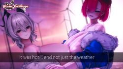 2girls background bikini bimbo bimbofication blurred_background boobs_pressed bra breasts brown_eyes chubby_female fansly horizon horns lewdfoxminppu looking_at_viewer massive_boobs massive_breast massive_breasts nipples nipples_touching only_female pink_eyes pink_hair short_hair smiling_at_viewer smirking_at_viewer thick_ass thick_legs thick_thighs tits_bigger_than_head topless vrchat vrchat_avatar vrchat_booth vrchat_model white_hair wuthering_waves zani_(wuthering_waves)