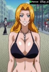 1girl ai_generated bleach cleavage clothed_female grey_eyes huge_breasts matsumoto_rangiku open_clothes orange_hair playful shihakusho shinigami_uniform solo underboob