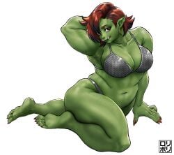 1girls artist_logo bikini breasts chainmail_bikini commission earrings green_skin hi_res jamrolypoly large_breasts matching_hair/eyes navel orc original pointy_ears red_eyes red_hair simple_background solo tusks white_background