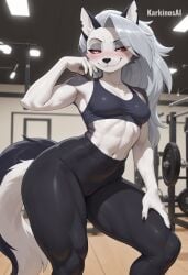 ai_generated anthro black_clothing black_nose blush bottomwear bra breasts camel_toe canid canid_demon canine canis claws clothing demon female fluffy fluffy_tail fur furry grey_body grey_fur gym_clothing gym_equipment hair hellhound hi_res inside looking_down mammal navel pants red_sclera silver_hair smile smirk solo sports_bra standing tail tight_clothing underwear white_body white_eyes white_fur wolf