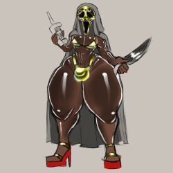 1boy 2d 2d_artwork alternate_version_available belly_button_piercing bikini black_male bulge_under_clothes bulge_under_girls_swimsuit cloak clothed clothed_male color dark-skinned_femboy dark-skinned_male dark-skinned_sissy dark_skin dekatherat femboy femboy_only ghostface ghostface_(scream) golden_bikini hard_nipples high_heels huge_thighs knife makeup male male_only masked masked_male open_toe_heels open_toe_shoes phone scream_(franchise) shiny_skin simple_background solo tagme thick_thighs wide_hips