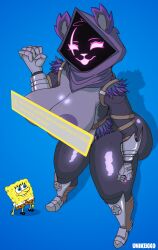 1boy 1girls anthro ass big_ass big_breasts breasts crossover female fortnite huge_ass huge_breasts male nude raven_team_leader spongebob_squarepants spongebob_squarepants_(character) thick_thighs unicuck