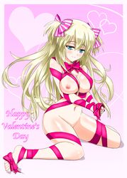 bangs barefoot blonde_hair blue_eyes blush bound bound_wrists bow breasts feet female hair_ribbon heart highres liseanon liz_hohenstein long_hair looking_at_viewer muv-luv muvluv muvluv_alternative naked_ribbon navel nipples pink_bow pink_ribbon ribbon ribbon_bondage schwarzesmarken smile toes valentine very_long_hair