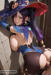 1boy against_wall ai_generated ass black_gloves black_hair blue_leotard blush bodystocking breast_press breasts clothing_aside earrings female genshin_impact gloves green_eyes grin hat jewelry large_breasts leotard leotard_aside long_hair looking_at_viewer looking_back male_pubic_hair mona_(genshin_impact) nipples pantyhose patreon_username penis pubic_hair purple_hair sex sex_from_behind smile solo_focus standing_sex star_earrings straight torn_clothes torn_pantyhose twintails vaginal_penetration vision_genshin_impact witch_hat xadrid