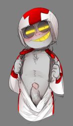 clothed dick dick_out erect_penis erection grey_skin grin helmet illustration jumpsuit looking_at_viewer open_zipper penis torso_flash turbo_(wreck-it_ralph) wreck-it_ralph yellow_eyes yellow_teeth