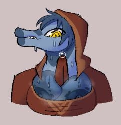 areola cleavage cloak dark_nipples hhbrother nip_slip penis_between_breasts precum precum_bubble psychopomp_(fading_club) red_penis sharp_teeth snout sweat teal_hair teal_skin thrait_(psychopomp) titjob yellow_eyes