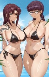 2girls alternate_version_available big_breasts bikini bikini_bottom bikini_top black_bikini black_lagoon blue_eyes bottomwear braid braided_hair brown_eyes brown_hair cleavage eyewear female female_only glasses hair harutoyumaarts hips huge_breasts long_hair necklace neckwear palm_tree revy roberta round_glasses sky swimwear tattoo tattoo_on_shoulder tattooed_arm tattoos thick_thighs thighs topwear