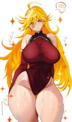 1girls big_breasts blonde_hair blue_eyes breasts detached_sleeves ear_piercing earrings female female_only gloves hair harutoyumaarts heart hips hoop_earrings huge_breasts leotard long_hair panty_&_stocking_with_garterbelt panty_anarchy red_gloves red_leotard solo solo_female sparkles speech_bubble sweat sweatdrop thick_thighs thighs white_background wide_hips