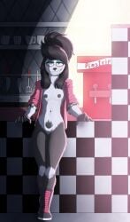 absurd_res americana anthro big_pubes black_nipples boots bottomless breasts canid canine canis clothed clothing diner domestic_dog exposed_breasts eye_bags faye_arletti_(posspowered) female footwear fur genitals green_eyes hi_res jacket jacket_only kitchen kitchen_utensils makeup mammal multicolored_body multicolored_fur nipples open_clothing open_jacket open_topwear pompadour poodle pubes pubes_exposed restaurant shoes smile smiling_at_viewer solo tools topwear topwear_only vulva