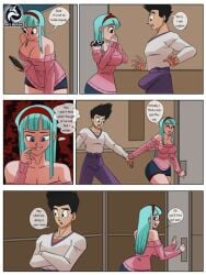 1boy 1girls age_difference aged_up artdefox ass big_breasts black_eyes black_hair blue_eyes blue_hair bra_(dragon_ball) bra_briefs breasts comic dragon_ball dragon_ball_gt english_text erection erection_under_clothes female female_saiyan hairband imminent_sex large_breasts long_hair male male_saiyan older_male red_hairband saiyan smile son_goten source_request text thought_bubble younger_female