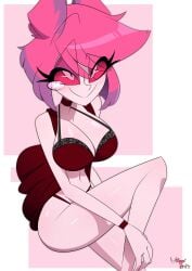 alastor_(hazbin_hotel) alastoria_(hazbin_hotel) boob_window breasts deer deer_girl hazbin_hotel looking_up red_bra red_bra_black_trim thick_thighs underwear usagi_star