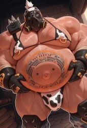 1boy ai_generated belly big_belly black_gloves black_mask bulge clothing fat fat_belly fat_male gloves grabbing_belly hands_on_belly huge_belly human human_only large_belly light-skinned_male light_skin looking_at_viewer male male_only mammal mature mature_male moobs nipple_piercing obese obese_male overwatch overweight overweight_male ponytail roadhog solo solo_focus solo_male speedo straps straps_across_chest tattoo tattoo_on_belly white_hair