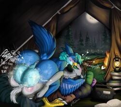 absurd_res anthro avian avius_volante balls beak big_balls big_penis bird blue_body blue_eyes blue_feathers book campfire camping cheek_markings deer dragon duo electronics facial_markings feathers feet forest from_front_position furbave genitals green_eyes green_tongue head_markings hi_res hooves huge_balls huge_cock hybrid hyper hyper_balls hyper_genitalia hyper_penis lamp lantern log male male/male mammal markings mating_press moon mythological_creature mythological_scalie mythology open_beak open_mouth passionate_kiss penis pillow plant plap radio rough_sex scalie sex tail tail_feathers talons text toes tongue tree turquoise_hair wings wood