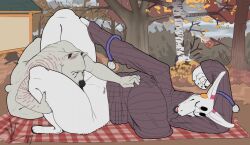 anthro bedding big_breasts blanket bottomless bottomless_anthro bottomless_female breasts canid canine canis closed_eyes clothed clothing cunnilingus digital_media_(artwork) domestic_dog duo feet female fingers forest fur lavasi lying male male/female mammal morgan_(lavasi) nature nude on_back oral outdoor_nudity outside outside_sex picnic pit_bull plant sex sweater sweater_only tail toes topwear topwear_only tree vaginal_penetration
