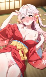 1girls ai_generated aisu_kurimu anime_style big_breasts blush breasts clothing drunk female female_focus female_only hispanic_virtual_youtuber latam_virtual_youtuber light-skinned_female light_skin long_hair pink_hair pubic_hair pussy thick_thighs thighs tongue_out vtuber yellow_eyes yume_girls!