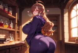 1girls ahoge ai_generated ass ass_focus balecxi bangs blurry_background blush book bookshelf bottle breasts brown_eyes brown_hair clothing curvaceous curvaceous_female curvaceous_figure curvy curvy_figure dress female female_focus female_only flask from_behind grin hair_over_one_eye hood hood_down huge_ass huge_breasts indoors inviting inviting_to_sex kono_subarashii_sekai_ni_shukufuku_wo! large_breasts light-skinned_female lips long_hair long_sleeves looking_at_viewer looking_back potion presenting presenting_ass presenting_breasts presenting_hindquarters presenting_self purple_dress purple_robe robe seductive seductive_look seductive_smile shelf smile solo sunlight thick_thighs thighs tight_clothes voluptuous voluptuous_female wide_hips window wiz_(konosuba)