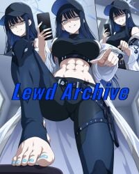 1girls ai_generated baseball_cap big_breasts black_hair black_headwear blue_archive blue_eyes comic comic_page domination_loss drunk english english_dialogue english_text feet feet_fetish female femdom foot_fetish footjob halo hat incest light-skinned_female light_skin long_hair muscular_female nail_polish nakadashi saori_(blue_archive) sister smartphone smile solo speech_bubble uncensored very_long_hair