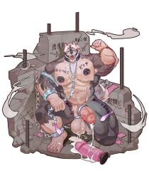 4_toes 5_fingers absurd_res accessory anthro ball_ring balls big_balls big_pecs big_penis black_body black_nipples bodily_fluids body_writing buttplug canid canine canis chains cock_ring collar condom condom_wrapper cuff_(restraint) cum cum_on_chest dildo feet filled_condom fingers flaccid flexing flexing_bicep front_view gag genital_fluids genitals gsr2523653909 hair hi_res humanoid_genitalia humanoid_penis japanese_text jewelry male mammal messy muscular muscular_male nipple_piercing nipple_ring nipples nose_hook pecs penis penis_accessory penis_jewelry piercing plug_(sex_toy) restraints ring_gag ring_piercing sex_toy sexual_barrier_device sitting solo text toes tongue tongue_out vein veiny_muscles white_hair wolf